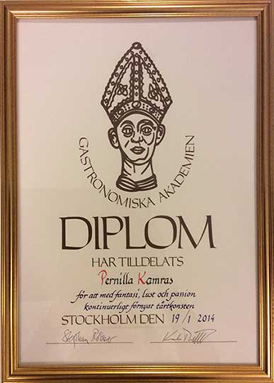 Gastronomiska Akademin Diplom till Pernilla Kamras för med fantasi, lust och passion kontinuerligt förnyat tårtkonsten